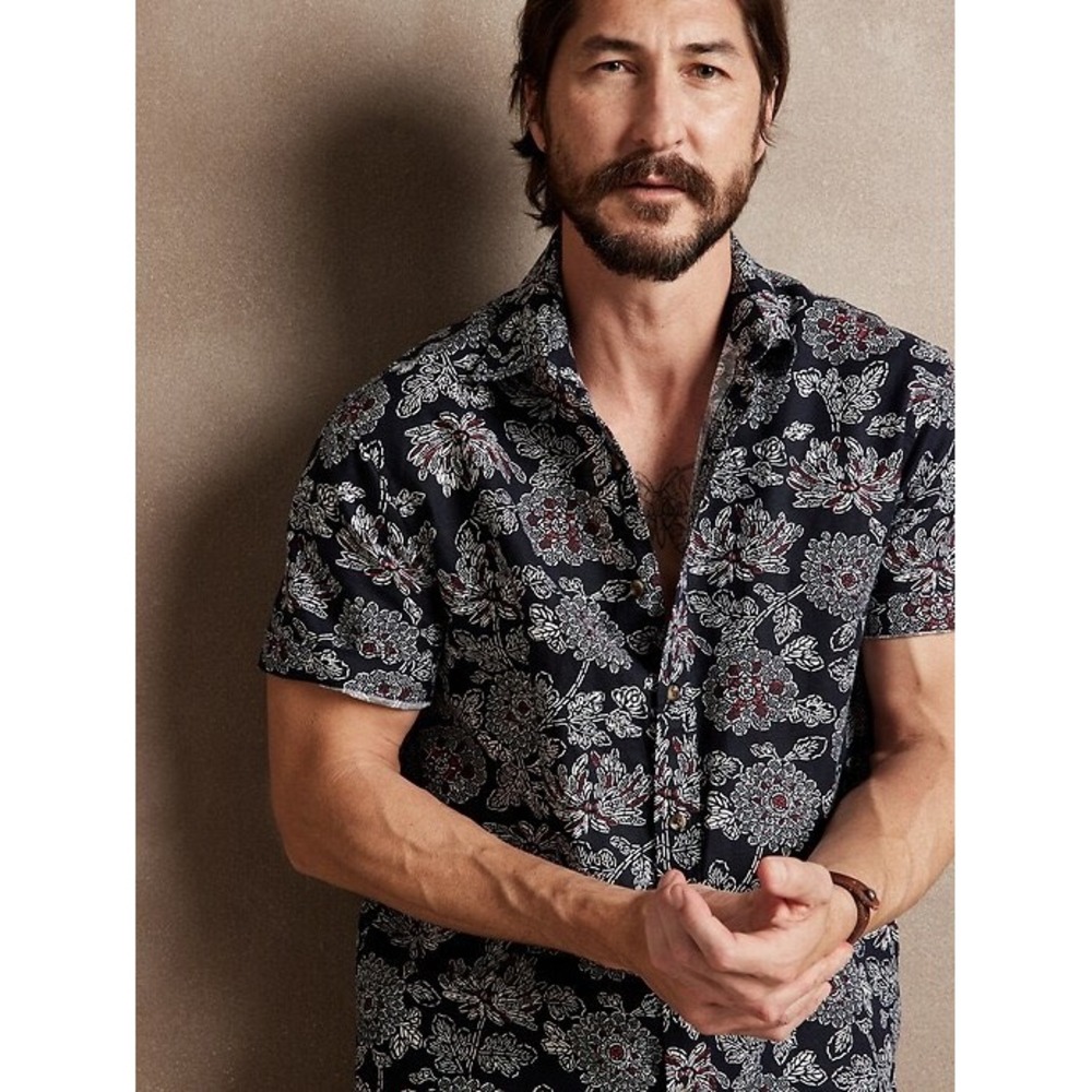Banana Republic XXL Slim Fit Navy Floral Linen Cotton Shirt Short Sleeve Button